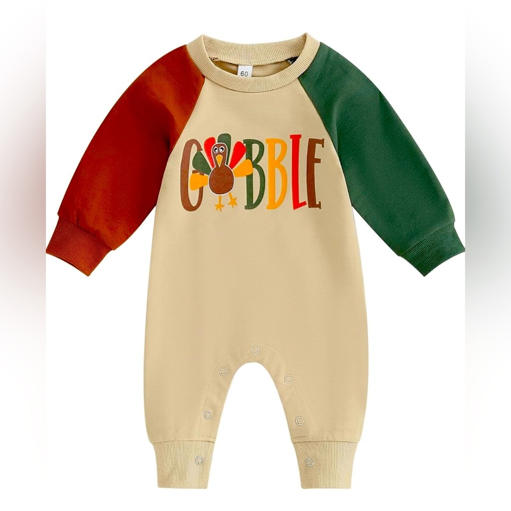 NEW Thanksgiving Gobble Turkey Baby Romper Size 0-3M Tan Green Orange